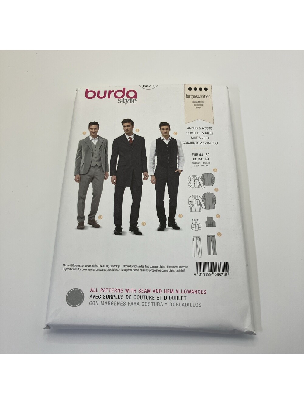 Burda Style Sewing Pattern 6871 Men’s Formal Single-Breasted Suit Jacket & Vest